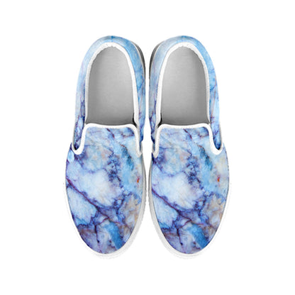 Blue Marble Print White Slip On Sneakers