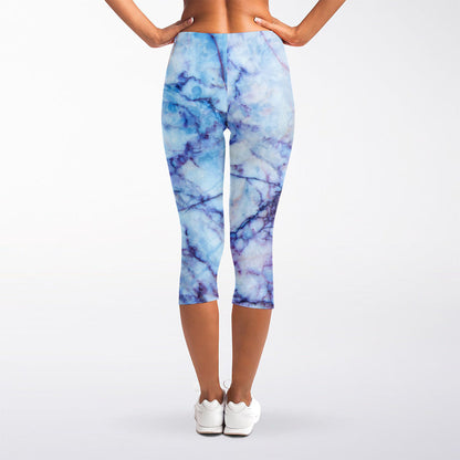 Blue Marble Print Women's Capri Leggings