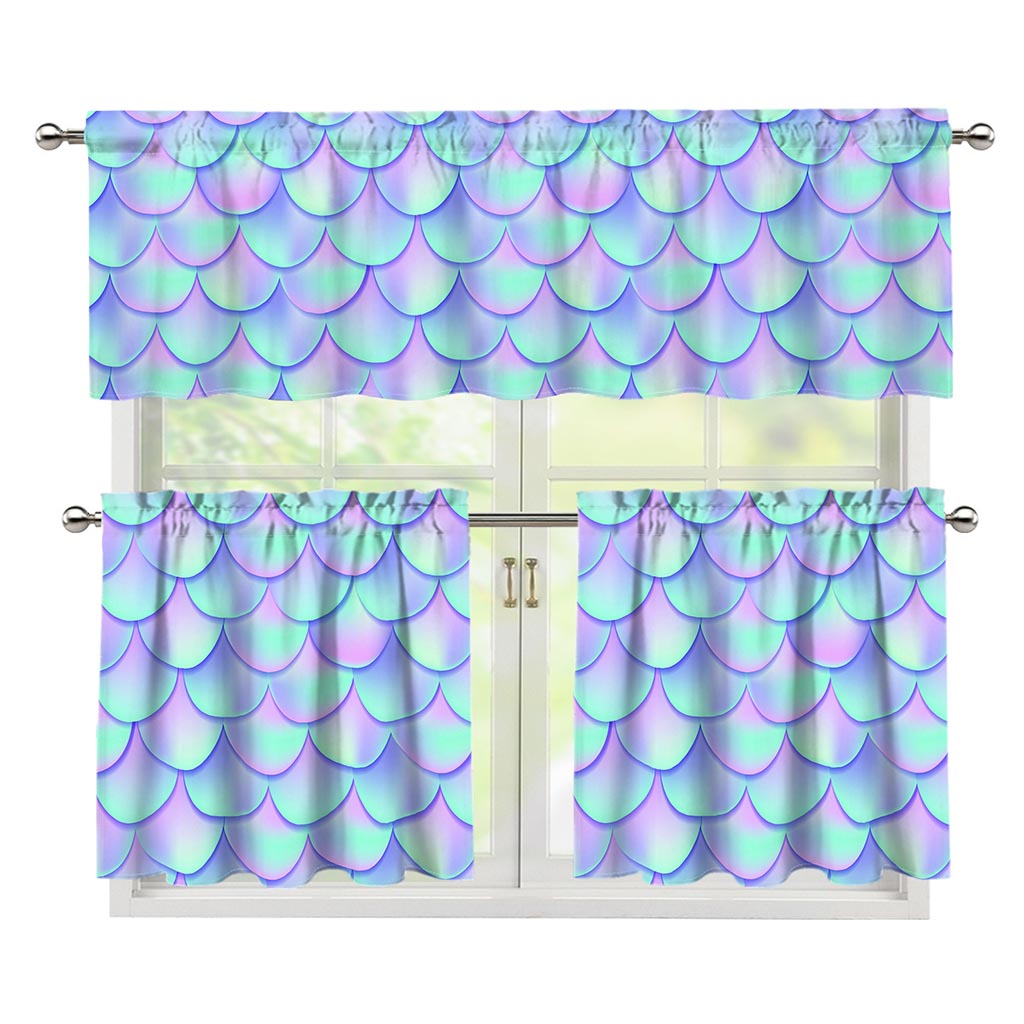 Blue Mermaid Scales Pattern Print 3 Piece Kitchen Curtains