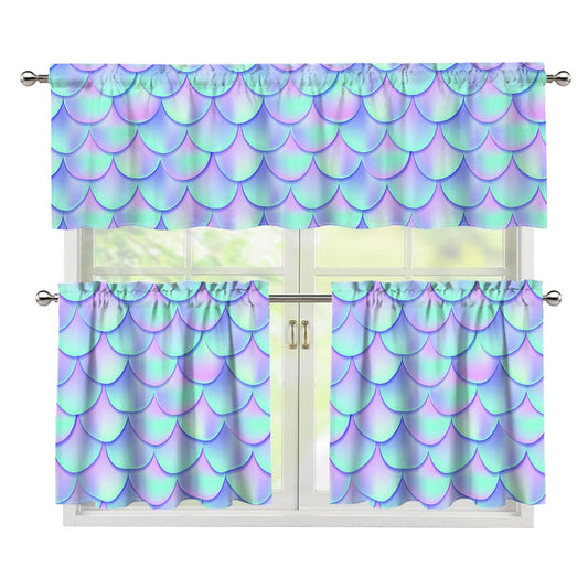 Blue Mermaid Scales Pattern Print 3 Piece Kitchen Curtains