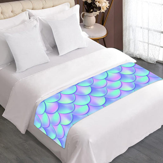 Blue Mermaid Scales Pattern Print Bed Runner