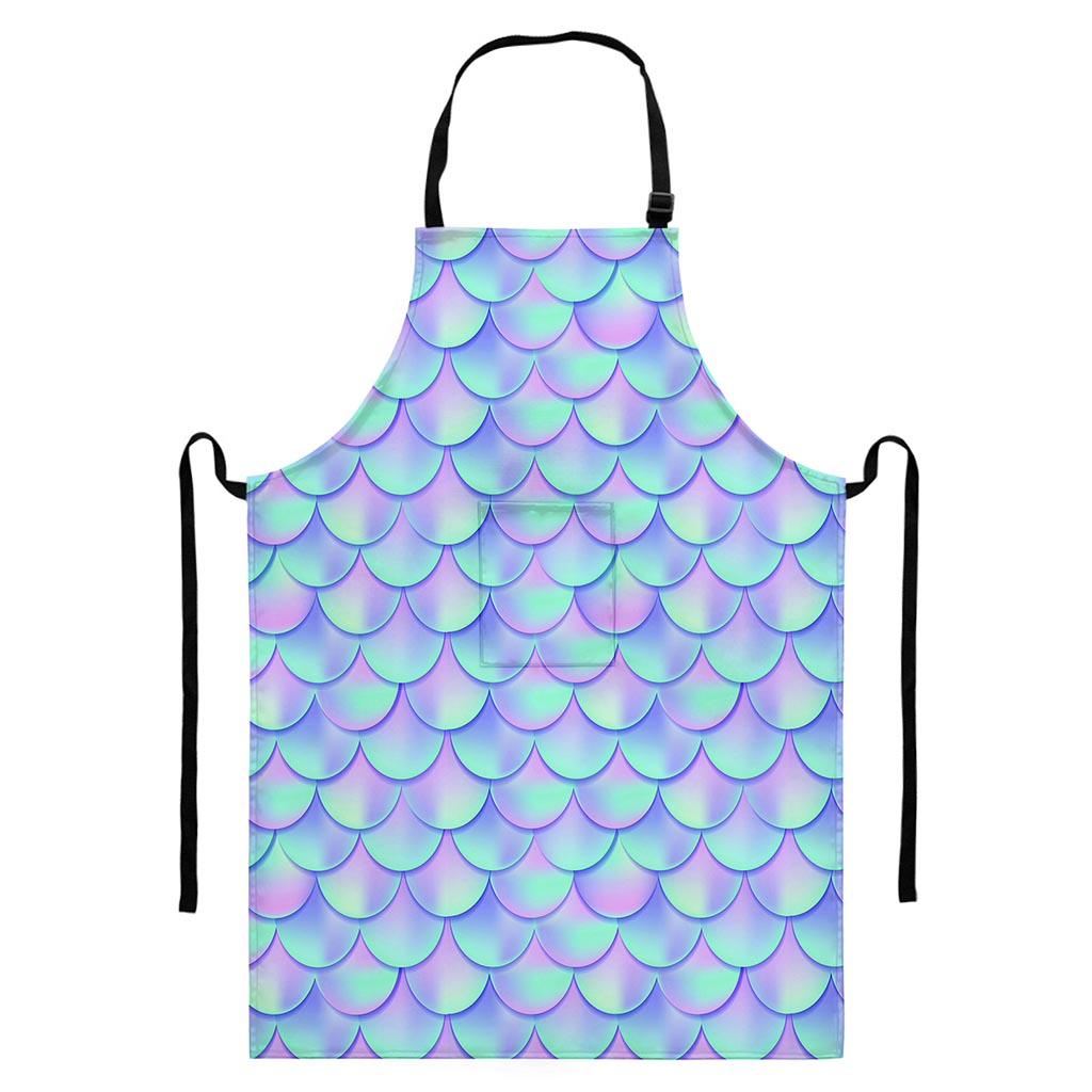 Blue Mermaid Scales Pattern Print Bib Apron With Pocket