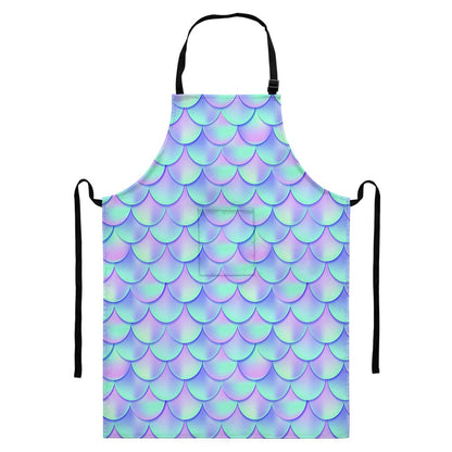Blue Mermaid Scales Pattern Print Bib Apron With Pocket