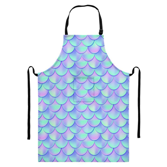 Blue Mermaid Scales Pattern Print Bib Apron With Pocket