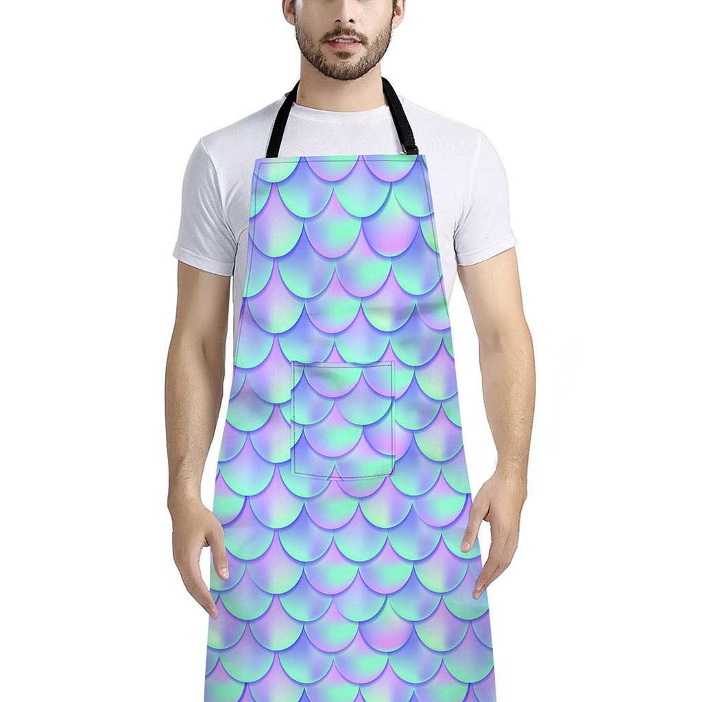 Blue Mermaid Scales Pattern Print Bib Apron With Pocket
