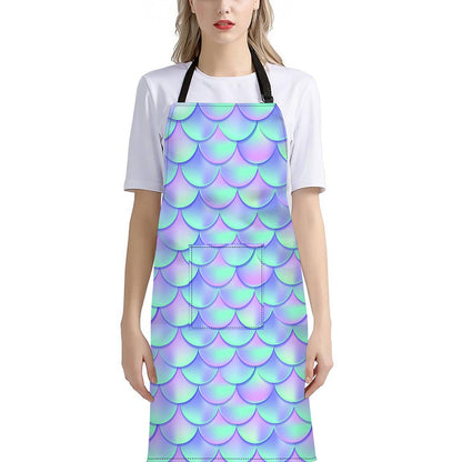 Blue Mermaid Scales Pattern Print Bib Apron With Pocket
