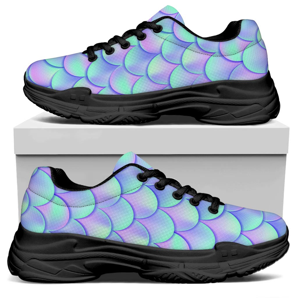 Blue Mermaid Scales Pattern Print Black Chunky Shoes