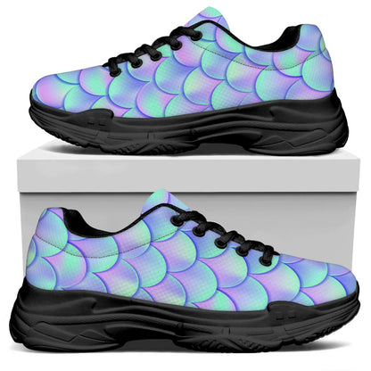 Blue Mermaid Scales Pattern Print Black Chunky Shoes