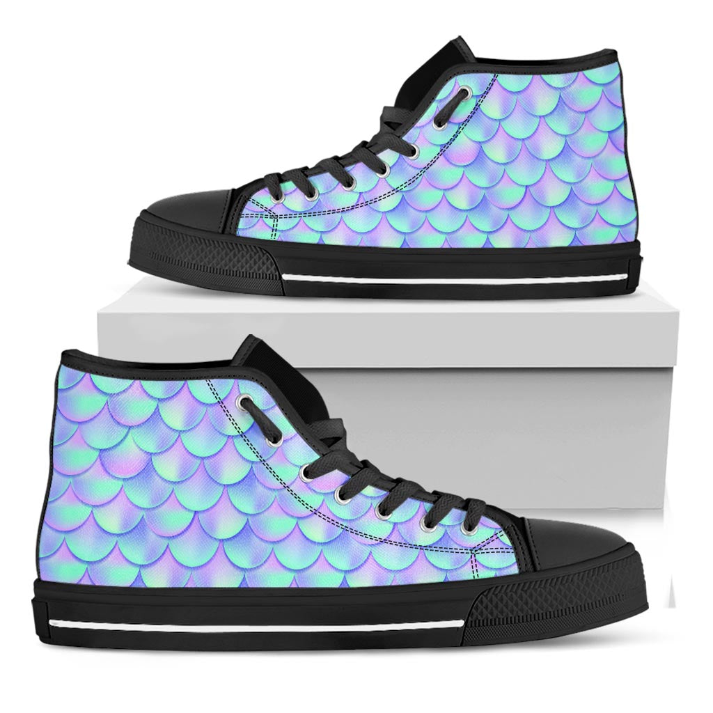 Blue Mermaid Scales Pattern Print Black High Top Sneakers