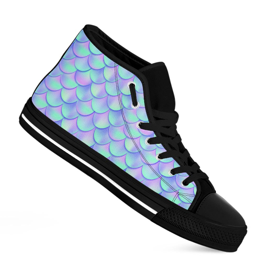 Blue Mermaid Scales Pattern Print Black High Top Sneakers