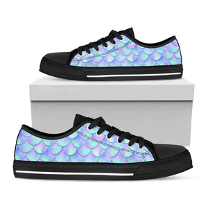 Blue Mermaid Scales Pattern Print Black Low Top Sneakers