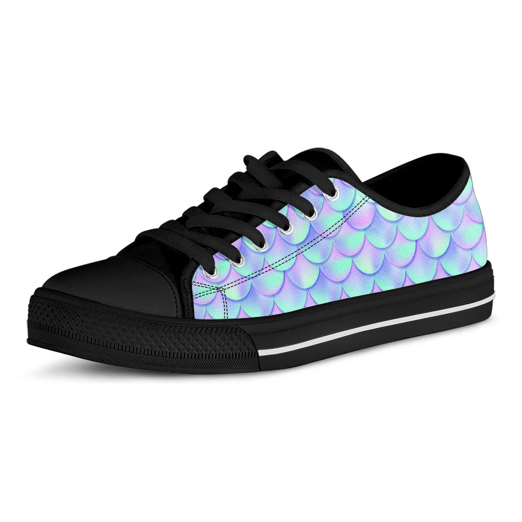 Blue Mermaid Scales Pattern Print Black Low Top Sneakers