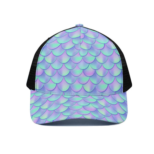 Blue Mermaid Scales Pattern Print Black Mesh Trucker Cap