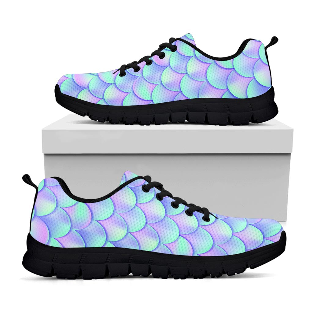 Blue Mermaid Scales Pattern Print Black Running Shoes