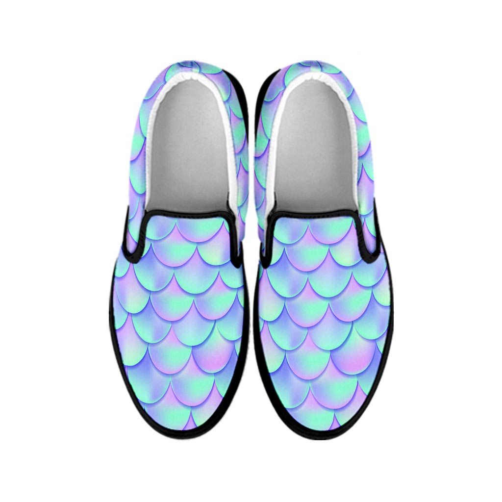 Blue Mermaid Scales Pattern Print Black Slip On Sneakers