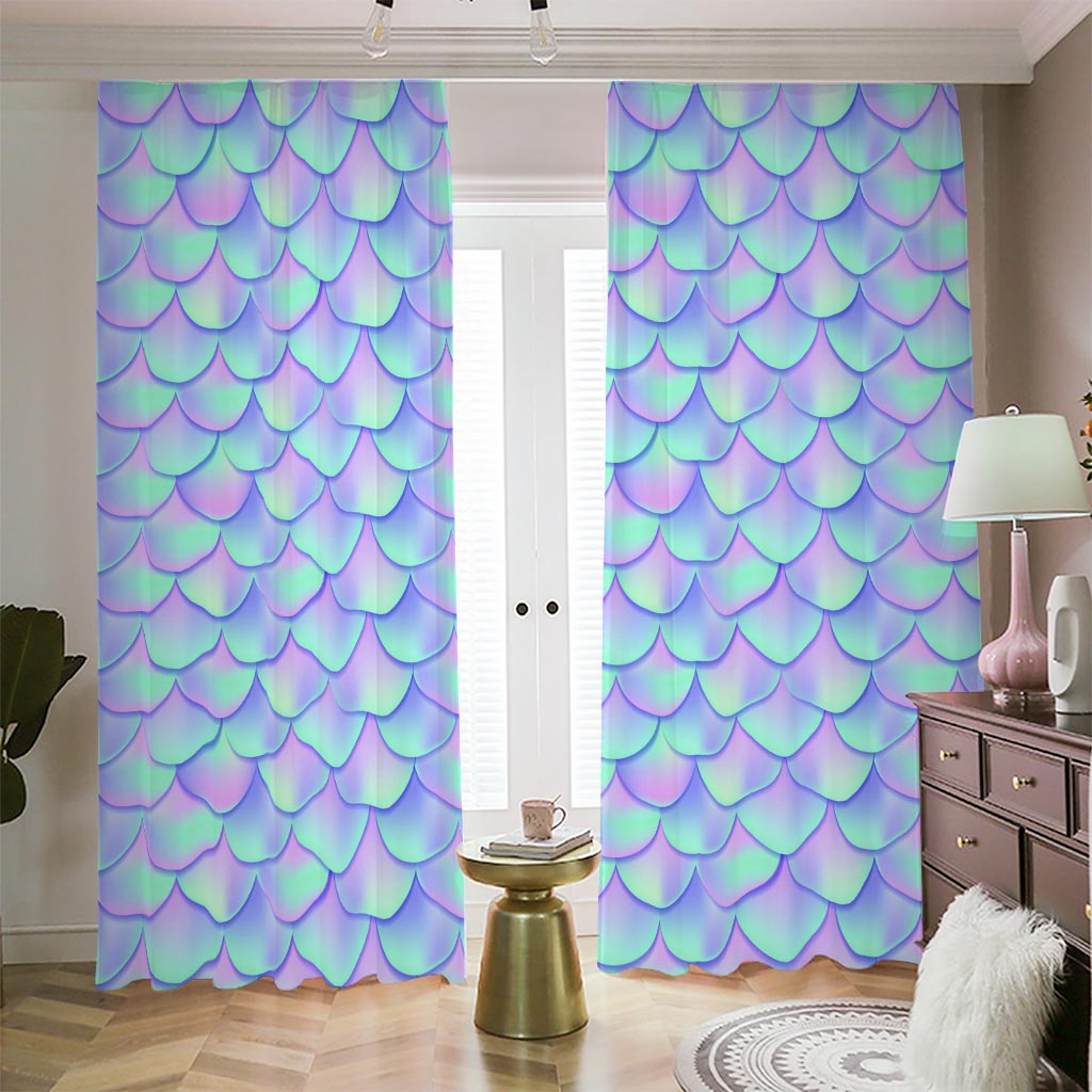 Blue Mermaid Scales Pattern Print Blackout Pencil Pleat Curtains