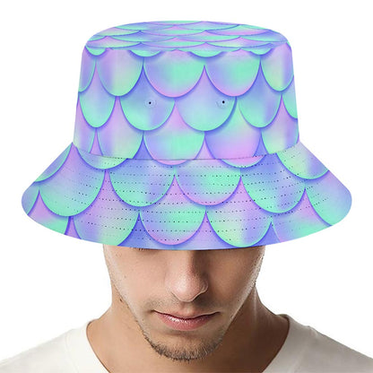 Blue Mermaid Scales Pattern Print Bucket Hat