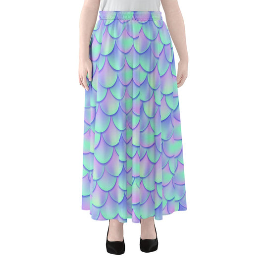 Blue Mermaid Scales Pattern Print Chiffon Maxi Skirt