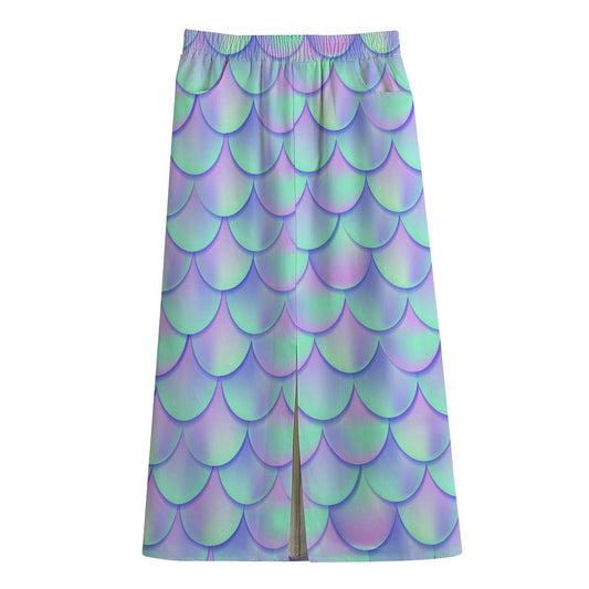 Blue Mermaid Scales Pattern Print Cotton Front Slit Maxi Skirt