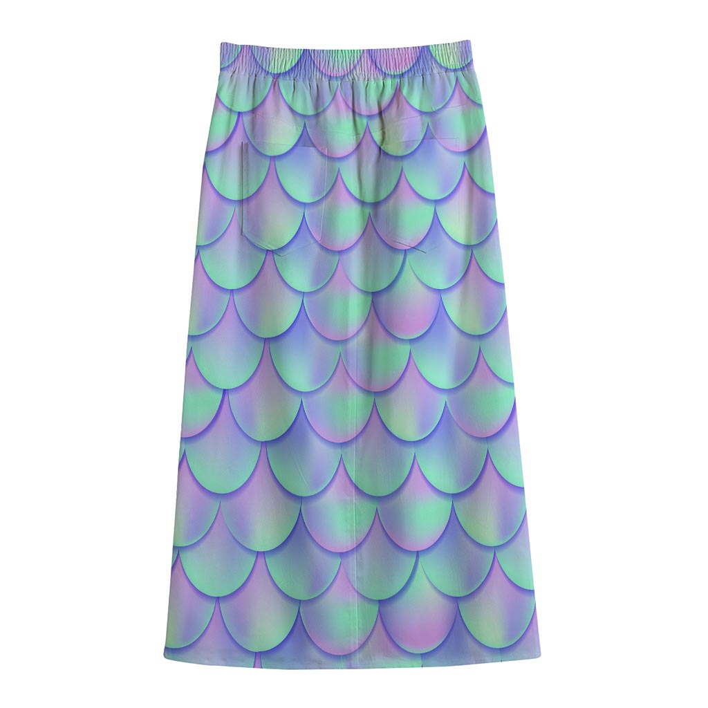Blue Mermaid Scales Pattern Print Cotton Front Slit Maxi Skirt
