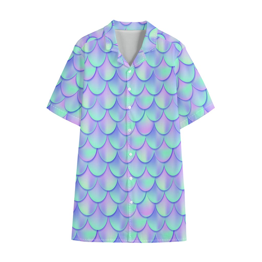 Blue Mermaid Scales Pattern Print Cotton Hawaiian Shirt