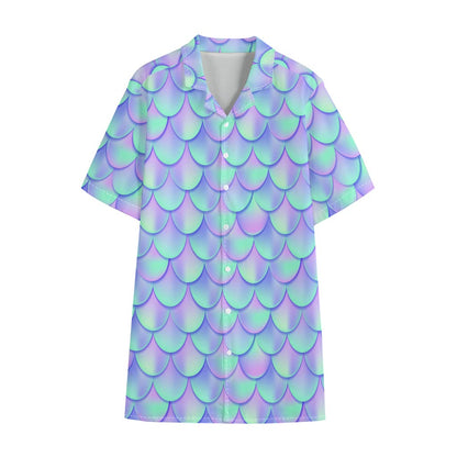 Blue Mermaid Scales Pattern Print Cotton Hawaiian Shirt