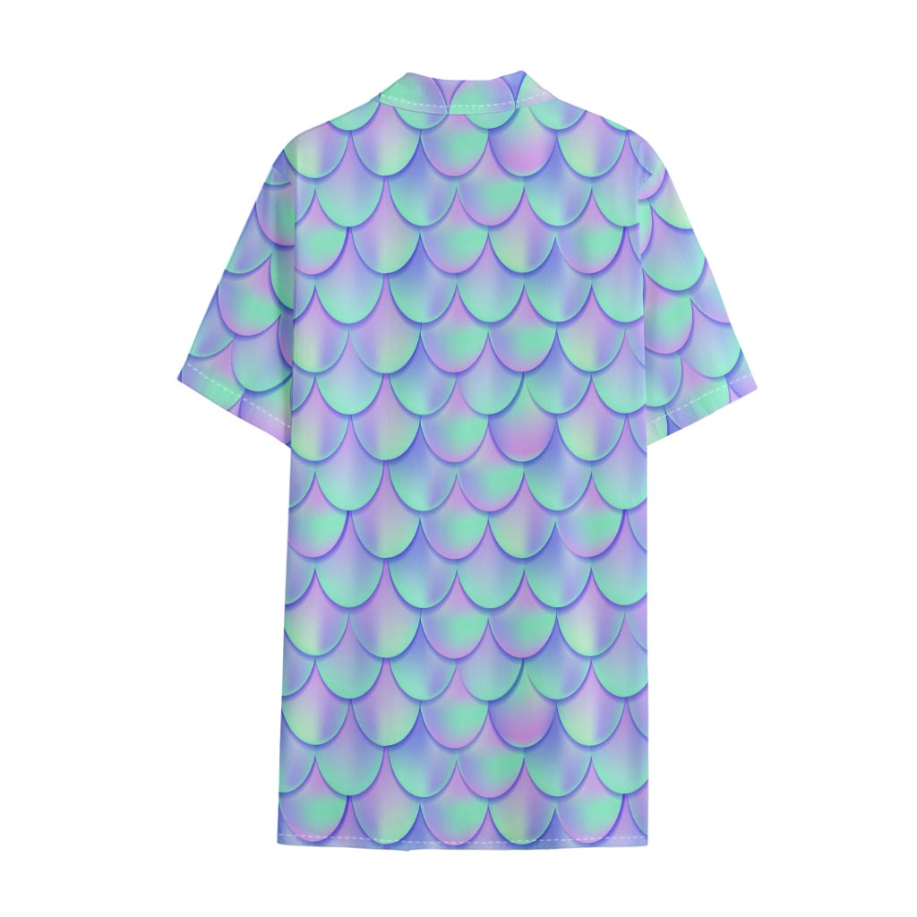 Blue Mermaid Scales Pattern Print Cotton Hawaiian Shirt