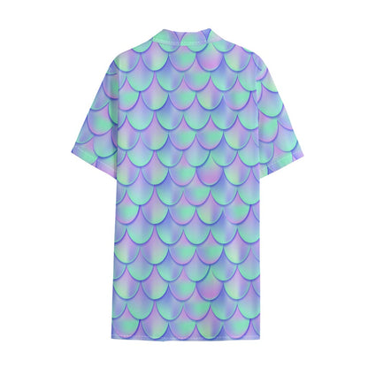 Blue Mermaid Scales Pattern Print Cotton Hawaiian Shirt