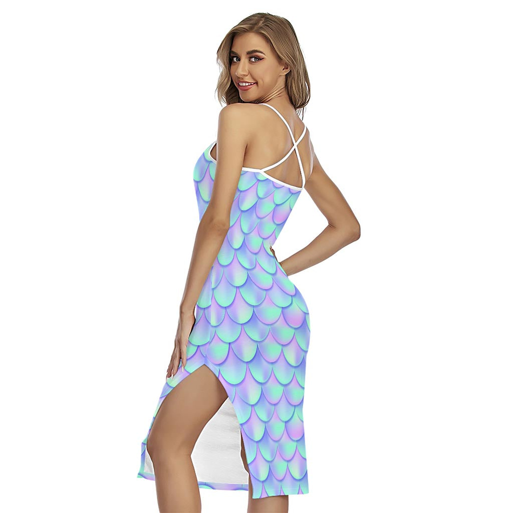 Blue Mermaid Scales Pattern Print Cross Back Cami Dress