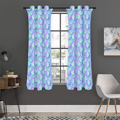 Blue Mermaid Scales Pattern Print Curtain