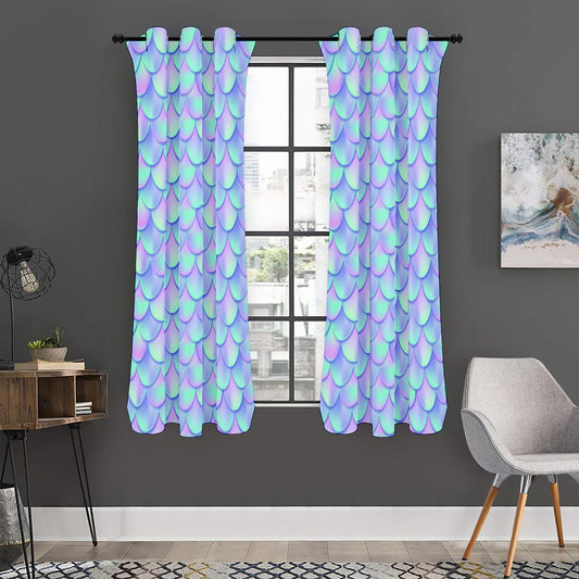 Blue Mermaid Scales Pattern Print Curtain