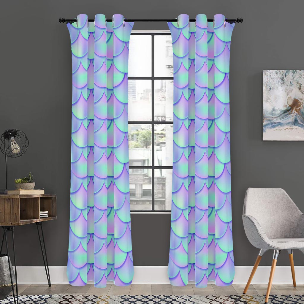 Blue Mermaid Scales Pattern Print Curtain