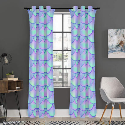 Blue Mermaid Scales Pattern Print Curtain