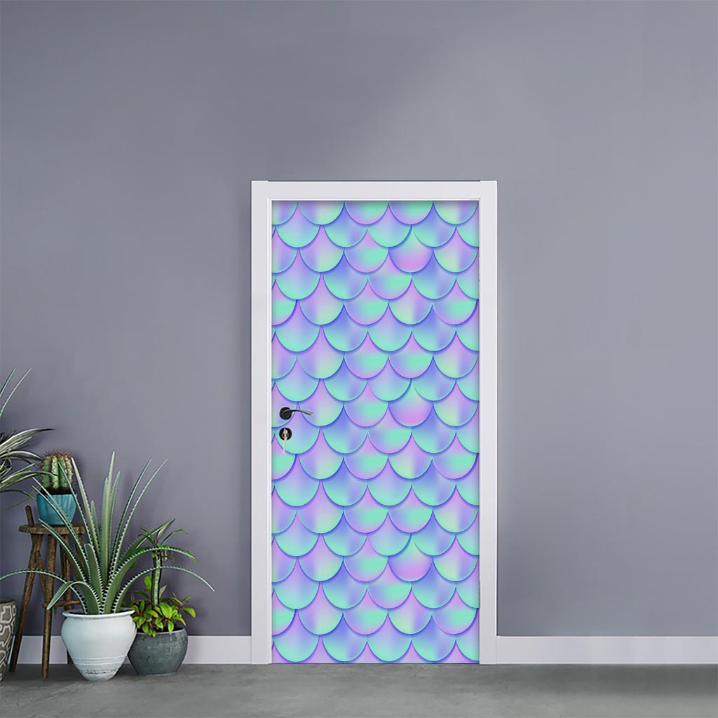 Blue Mermaid Scales Pattern Print Door Sticker