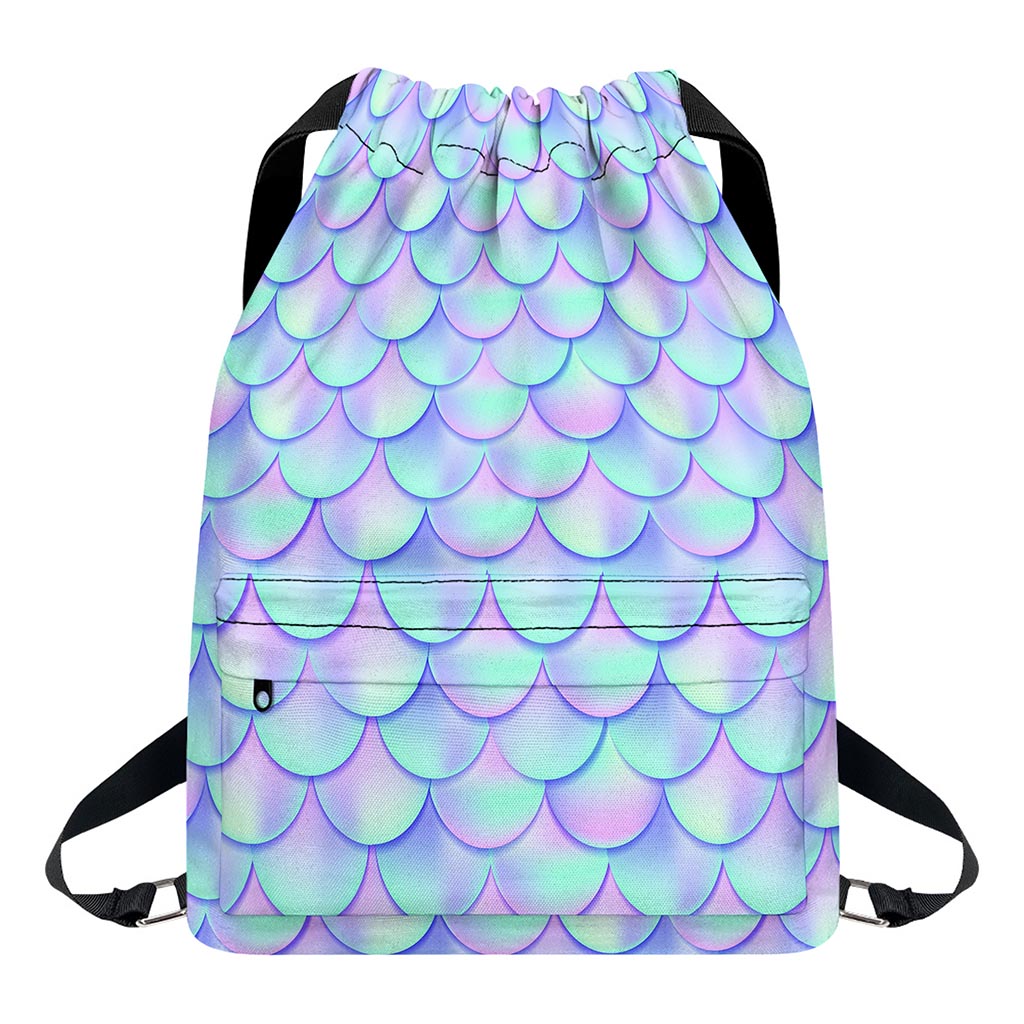 Blue Mermaid Scales Pattern Print Drawstring Backpack