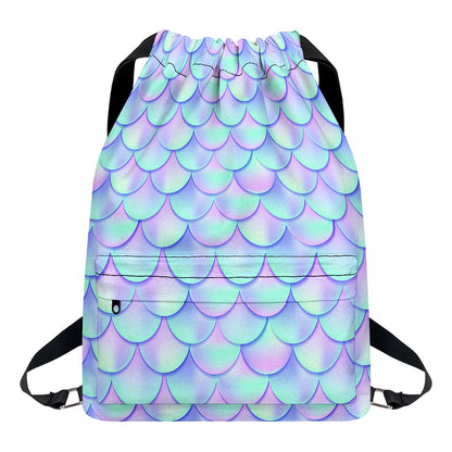 Blue Mermaid Scales Pattern Print Drawstring Backpack