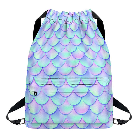 Blue Mermaid Scales Pattern Print Drawstring Backpack
