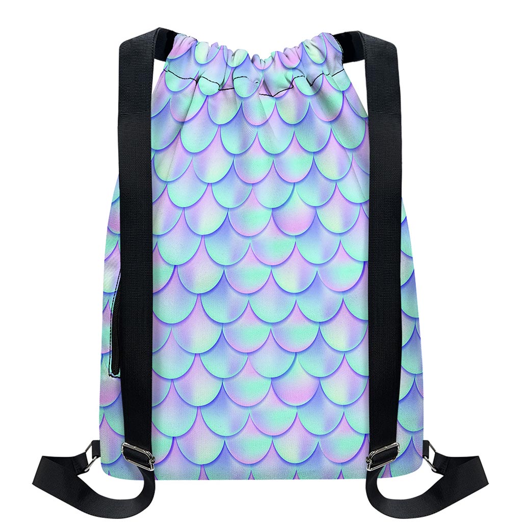 Blue Mermaid Scales Pattern Print Drawstring Backpack