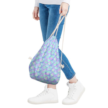 Blue Mermaid Scales Pattern Print Drawstring Bag