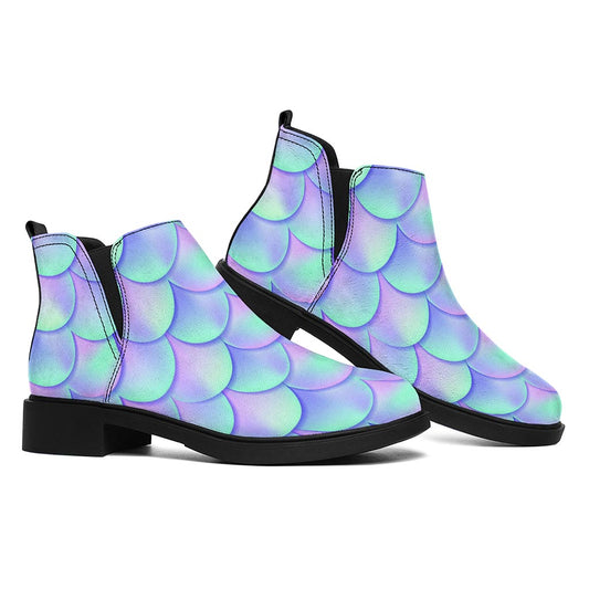 Blue Mermaid Scales Pattern Print Flat Ankle Boots
