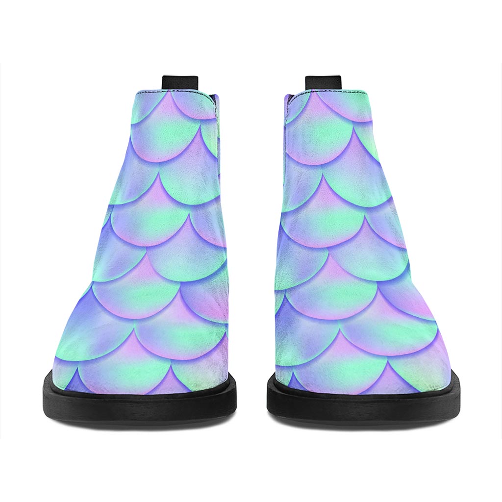 Blue Mermaid Scales Pattern Print Flat Ankle Boots