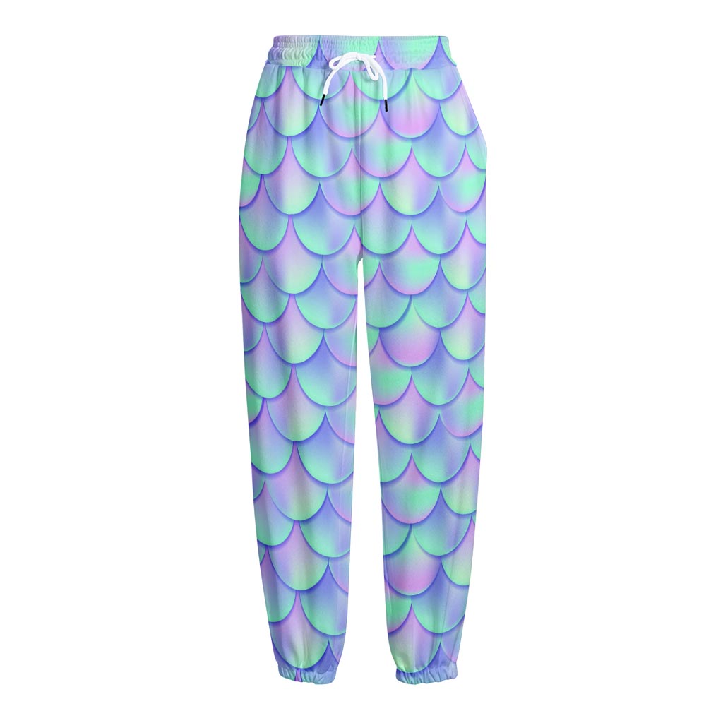 Blue Mermaid Scales Pattern Print Fleece Lined Knit Pants