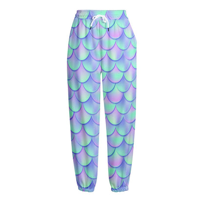 Blue Mermaid Scales Pattern Print Fleece Lined Knit Pants