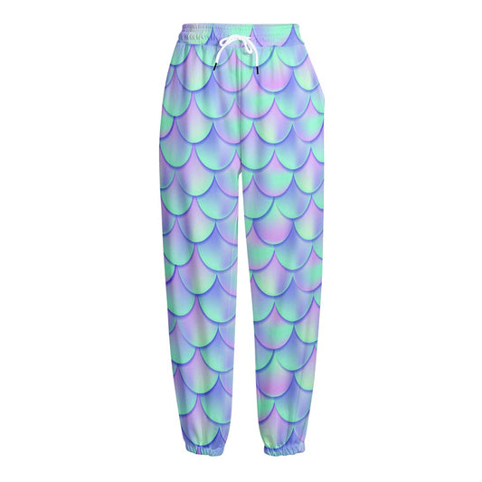 Blue Mermaid Scales Pattern Print Fleece Lined Knit Pants