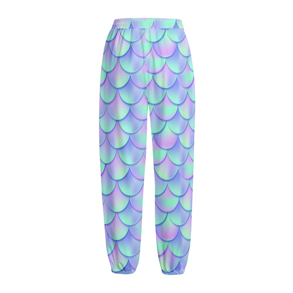 Blue Mermaid Scales Pattern Print Fleece Lined Knit Pants