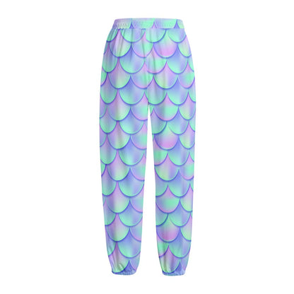 Blue Mermaid Scales Pattern Print Fleece Lined Knit Pants