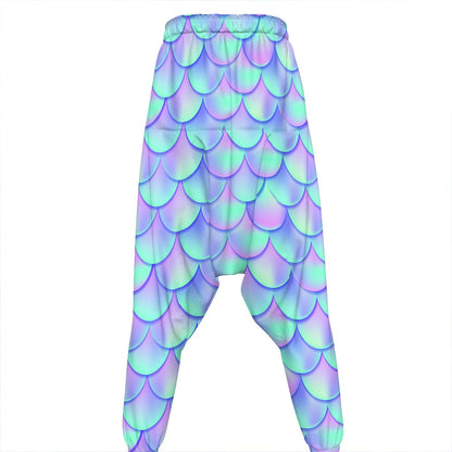 Blue Mermaid Scales Pattern Print Hammer Pants