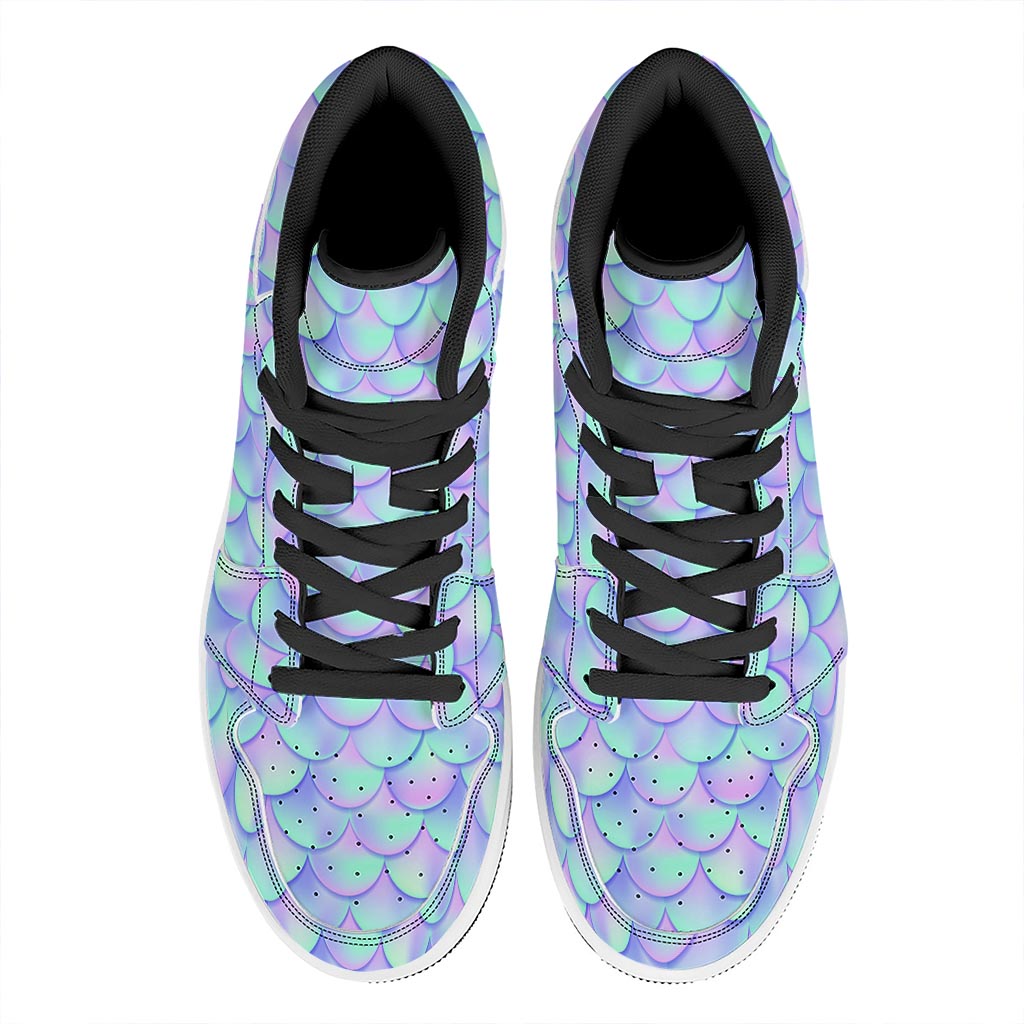 Blue Mermaid Scales Pattern Print High Top Leather Sneakers