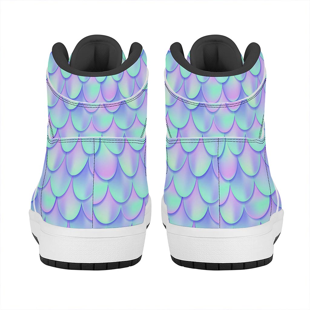 Blue Mermaid Scales Pattern Print High Top Leather Sneakers
