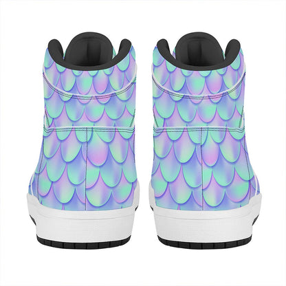 Blue Mermaid Scales Pattern Print High Top Leather Sneakers